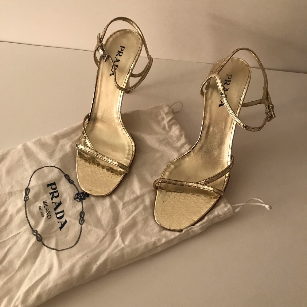 Prada gold embossed snakeskin high heel sandals